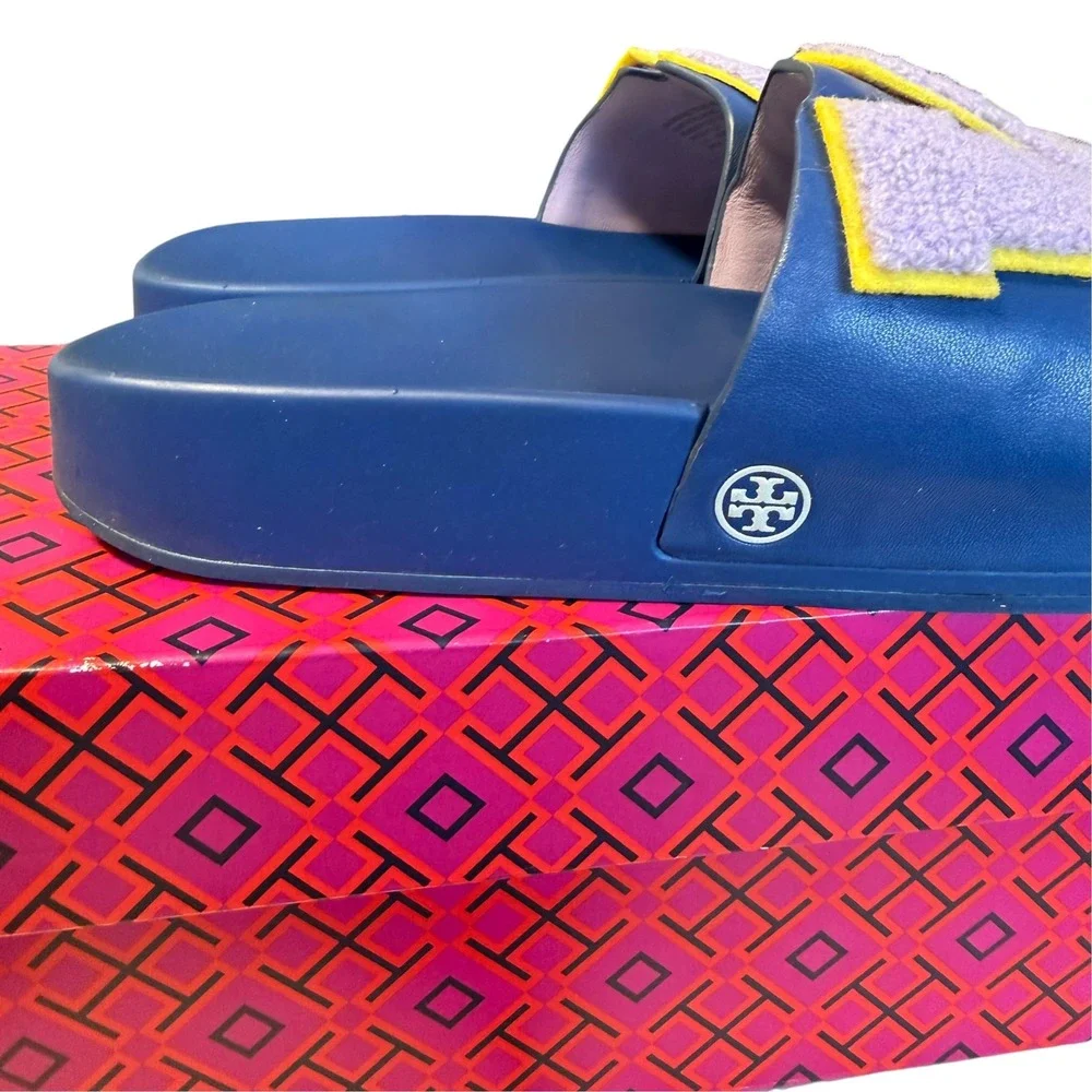 Tory Burch Love Slide Blue Wash Lavender Chenille Patch Platform Sandals  8